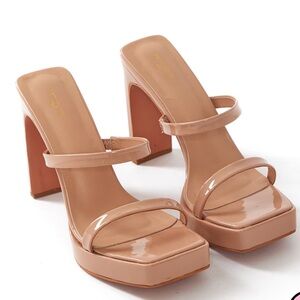 PrettyLittleThing: nude wide fit square toe platform high flat heeled mules